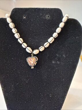 Pearl Bead Necklace with Heart Crystal Pendant - White